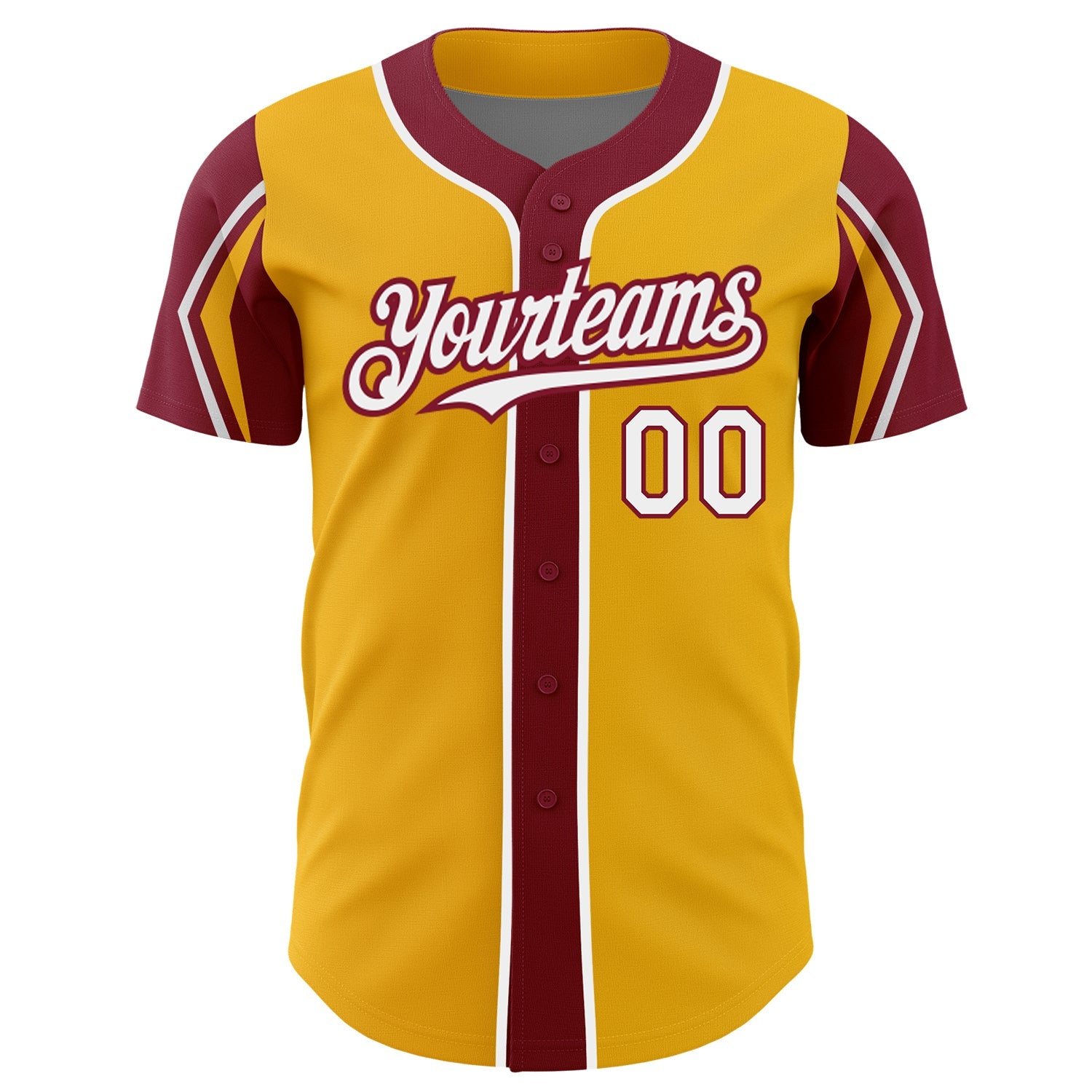 Custom Gold White-Crimson 3 Colors Arm Shapes Authentic Baseball Jersey view 3