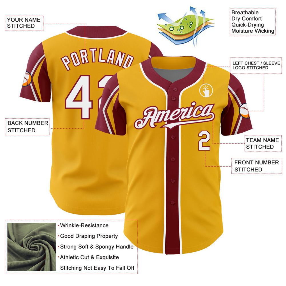Custom Gold White-Crimson 3 Colors Arm Shapes Authentic Baseball Jersey view 4