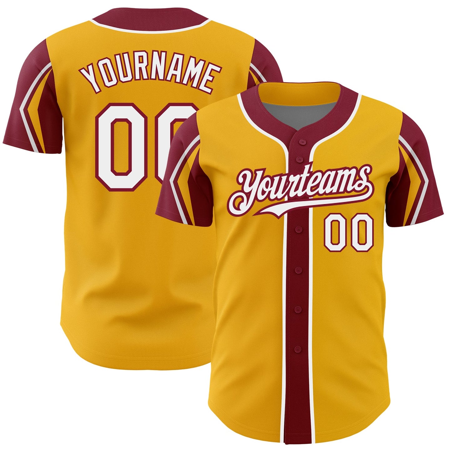Custom Gold White-Crimson 3 Colors Arm Shapes Authentic Baseball Jersey - Main View
