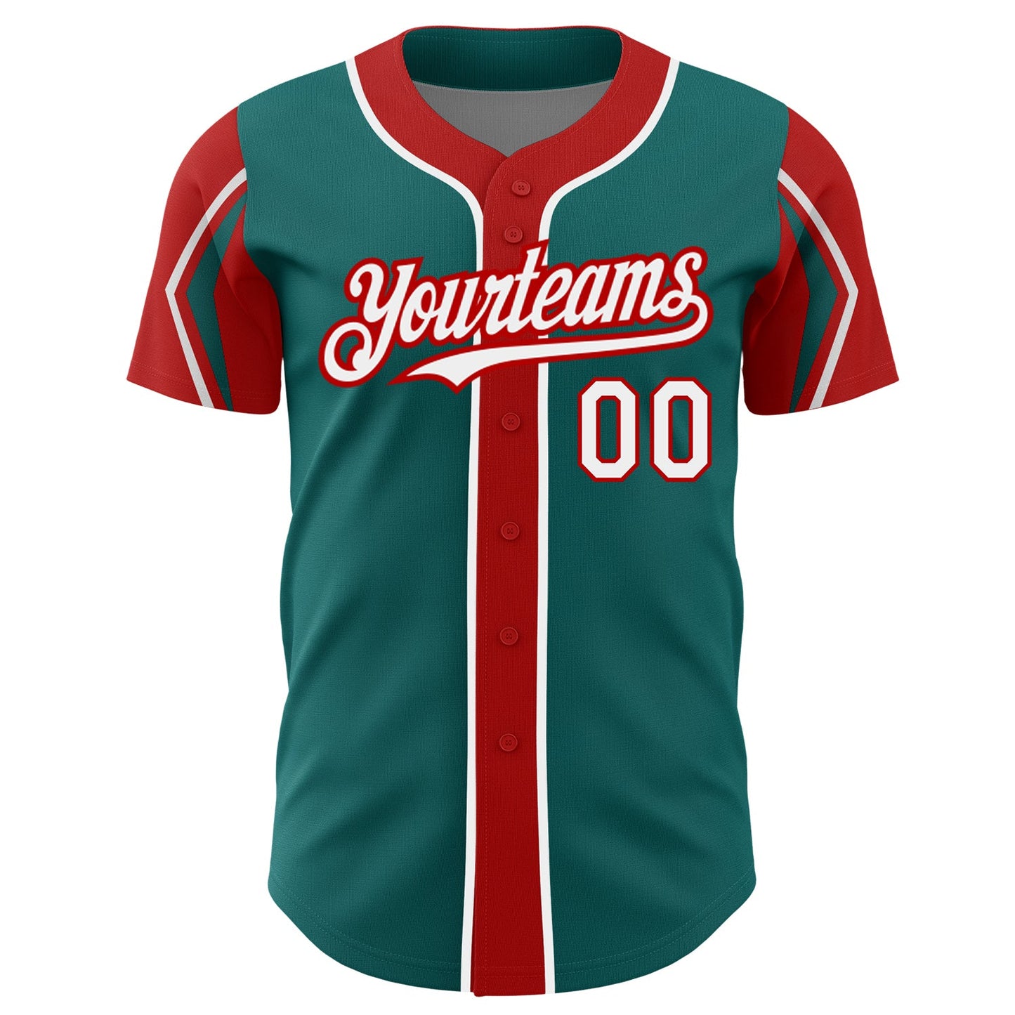 Custom Teal White-Red 3 Colors Arm Shapes Authentic Baseball Jersey view 3