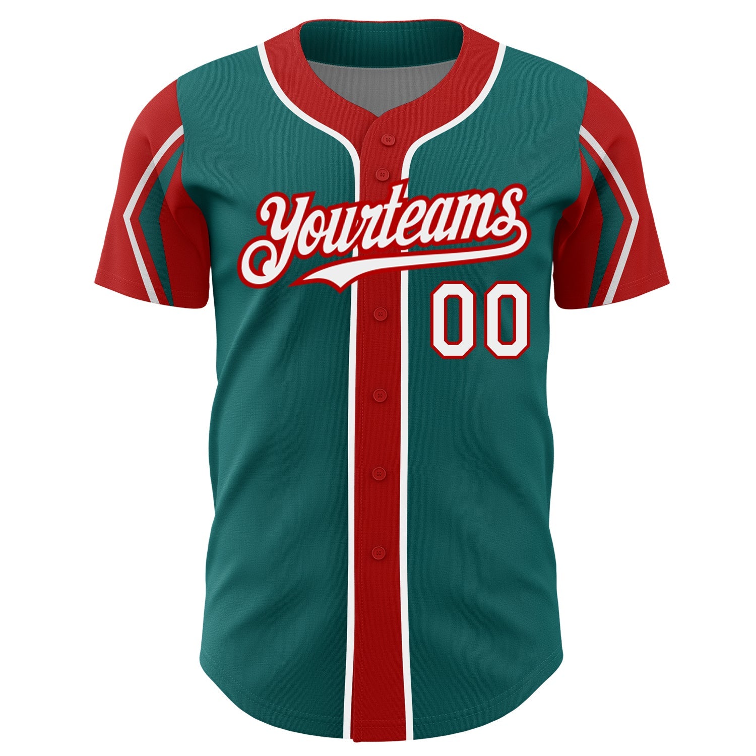Custom Teal White-Red 3 Colors Arm Shapes Authentic Baseball Jersey view 3