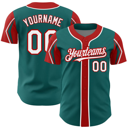 Custom Teal White-Red 3 Colors Arm Shapes Authentic Baseball Jersey - Main View