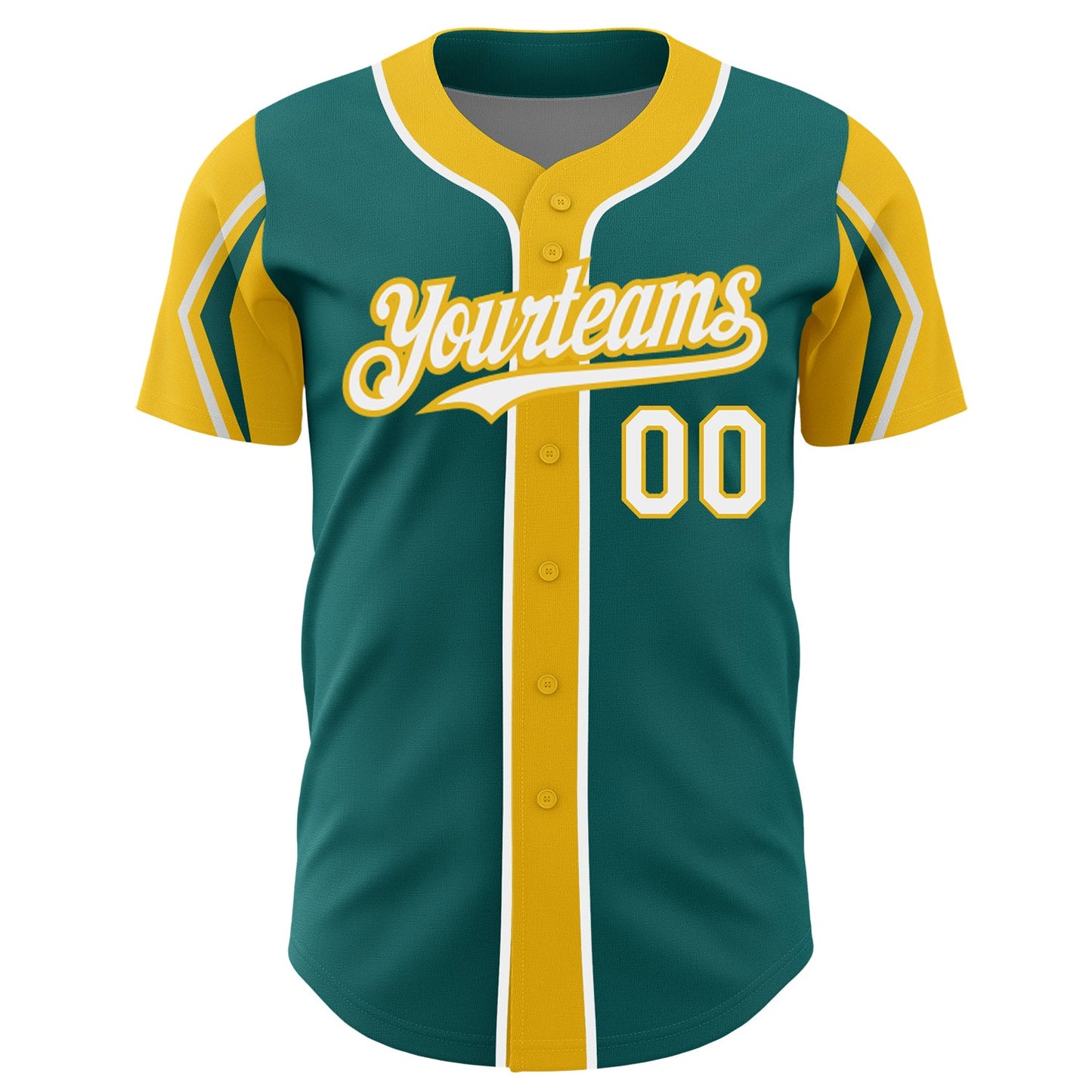 Custom Teal White-Yellow 3 Colors Arm Shapes Authentic Baseball Jersey view 3