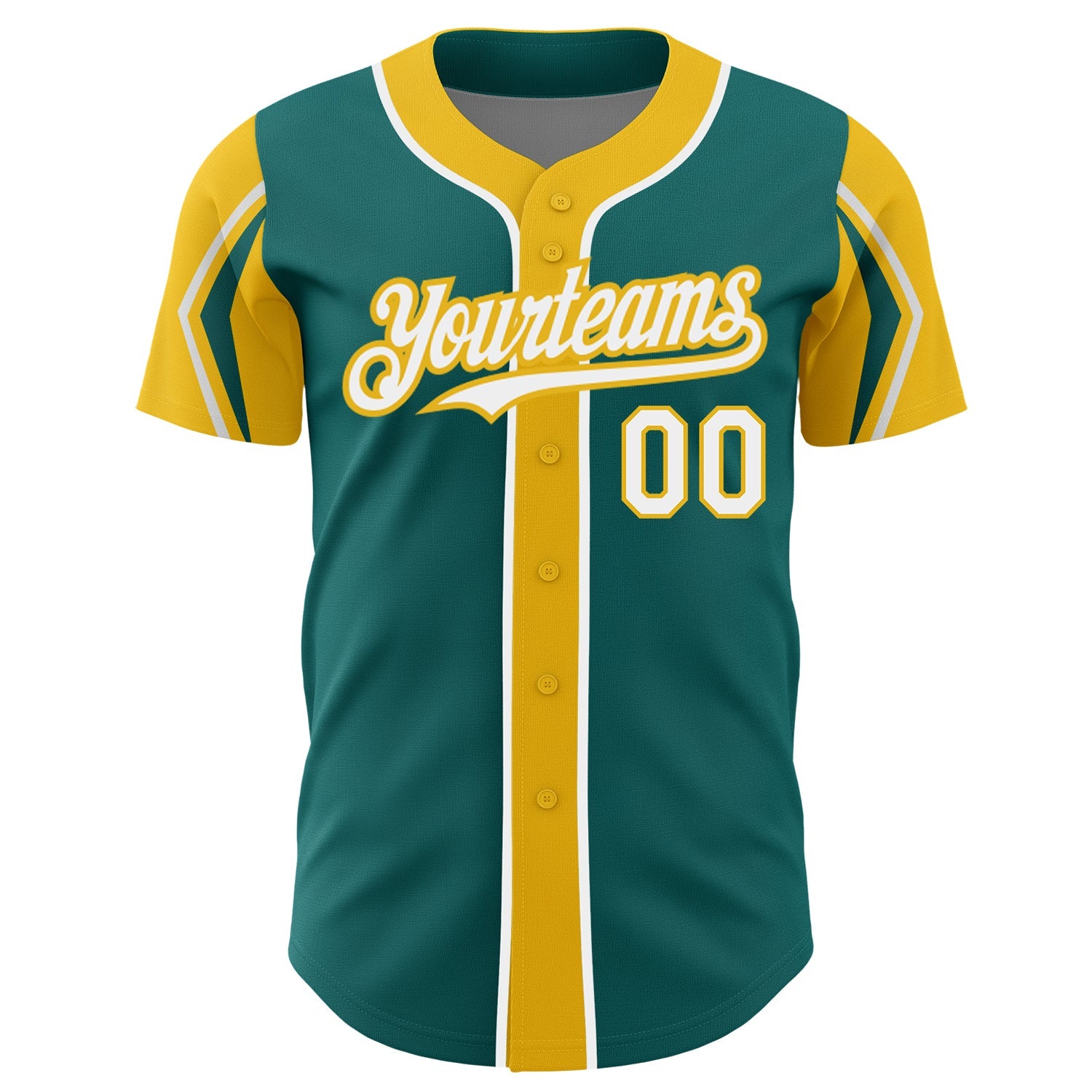 Custom Teal White-Yellow 3 Colors Arm Shapes Authentic Baseball Jersey view 3