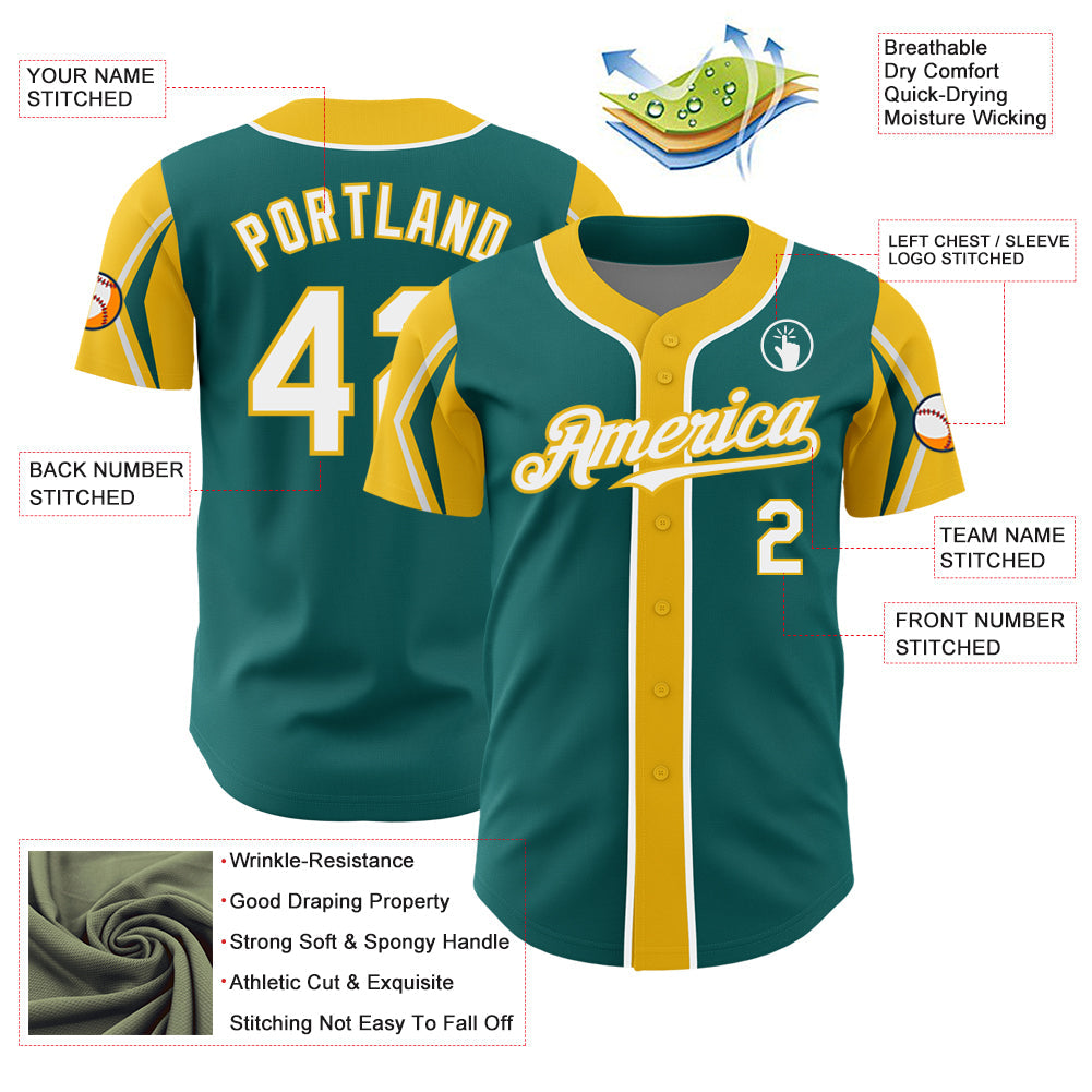 Custom Teal White-Yellow 3 Colors Arm Shapes Authentic Baseball Jersey view 4