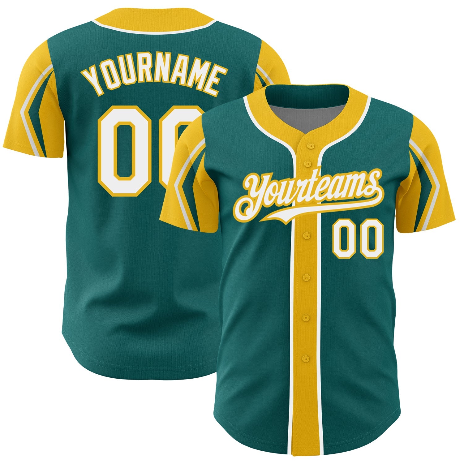Custom Teal White-Yellow 3 Colors Arm Shapes Authentic Baseball Jersey - Main View