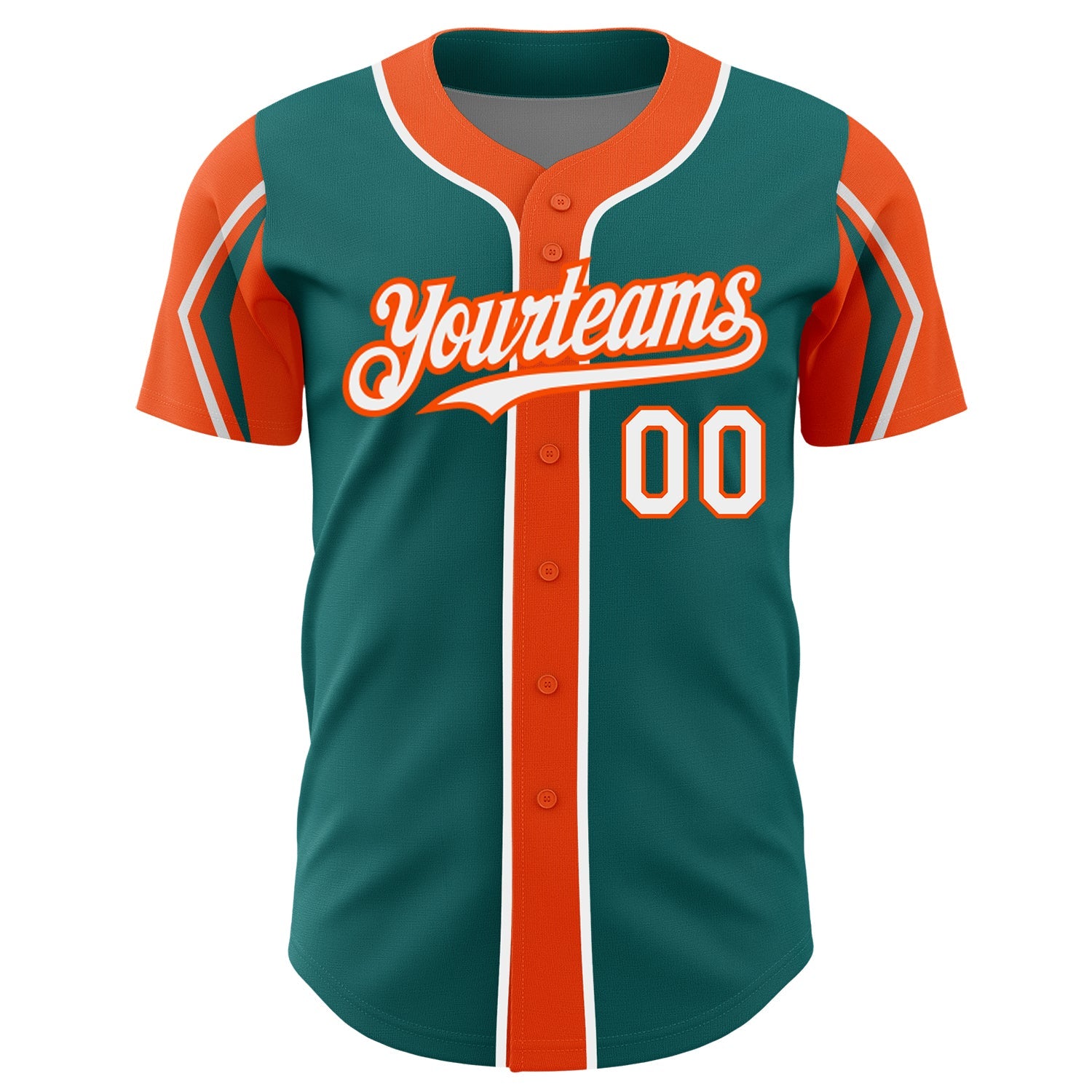Custom Teal White-Orange 3 Colors Arm Shapes Authentic Baseball Jersey view 3