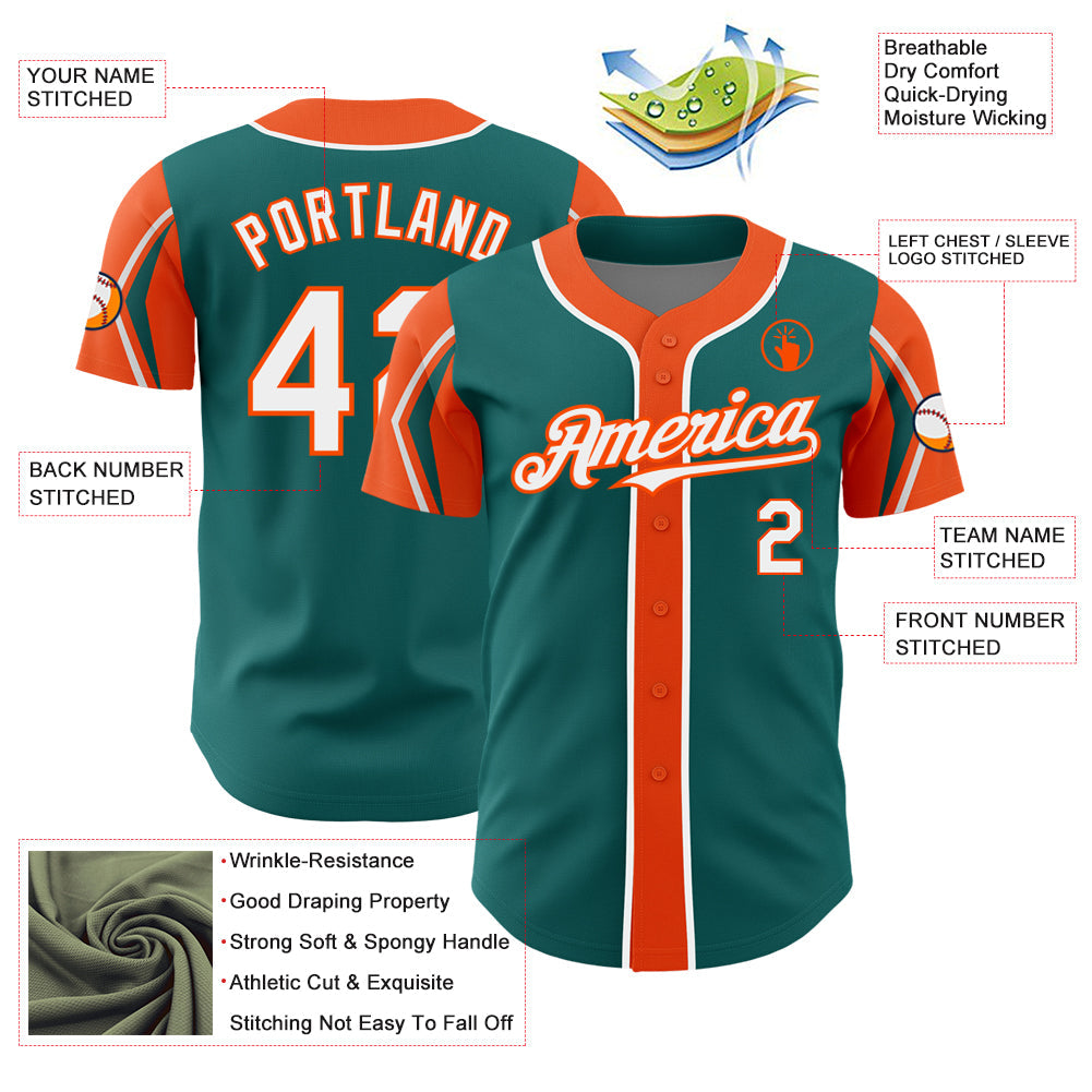 Custom Teal White-Orange 3 Colors Arm Shapes Authentic Baseball Jersey view 4