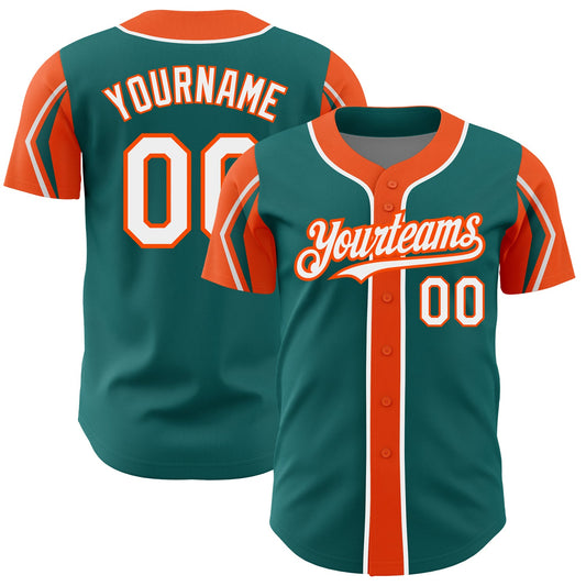 Custom Teal White-Orange 3 Colors Arm Shapes Authentic Baseball Jersey - Main View