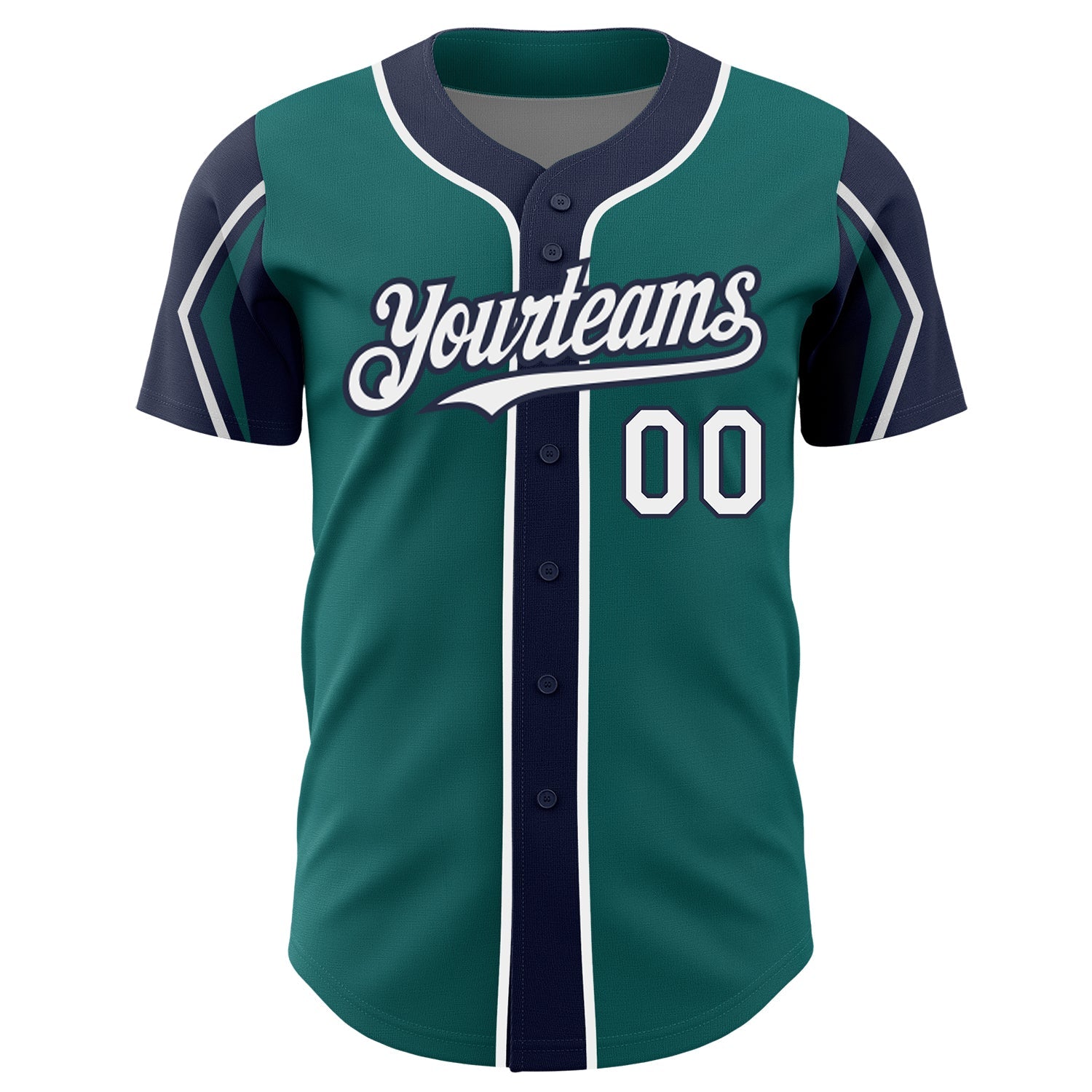 Custom Teal White-Navy 3 Colors Arm Shapes Authentic Baseball Jersey view 3