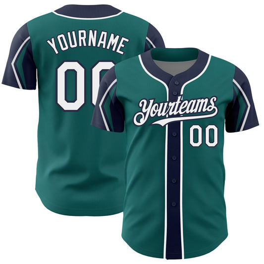 Custom Teal White-Navy 3 Colors Arm Shapes Authentic Baseball Jersey - Main View