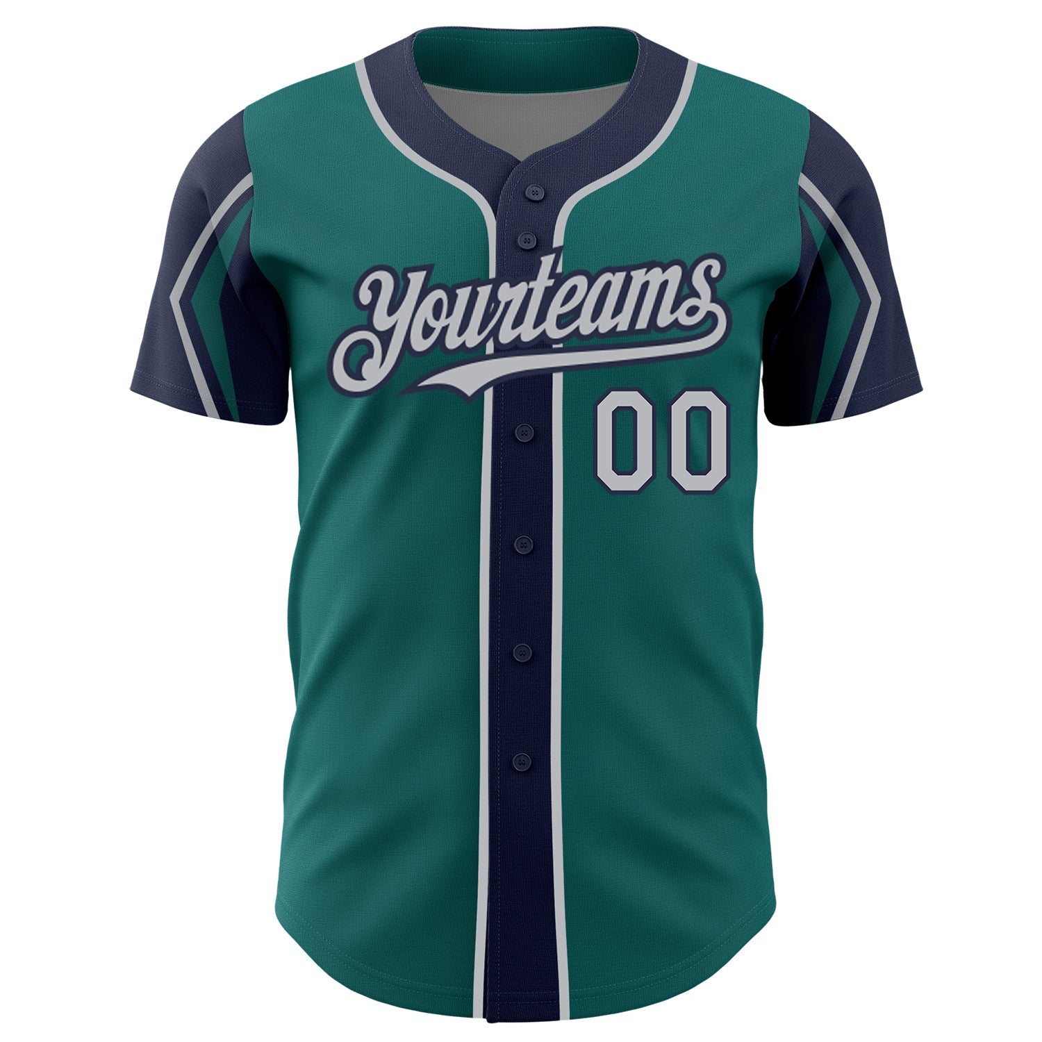 Custom Teal Gray-Navy 3 Colors Arm Shapes Authentic Baseball Jersey view 3
