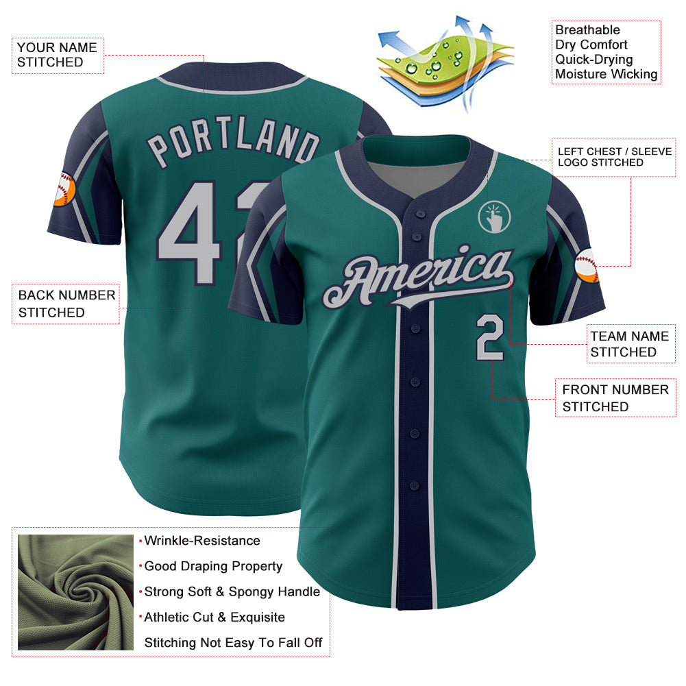 Custom Teal Gray-Navy 3 Colors Arm Shapes Authentic Baseball Jersey view 4