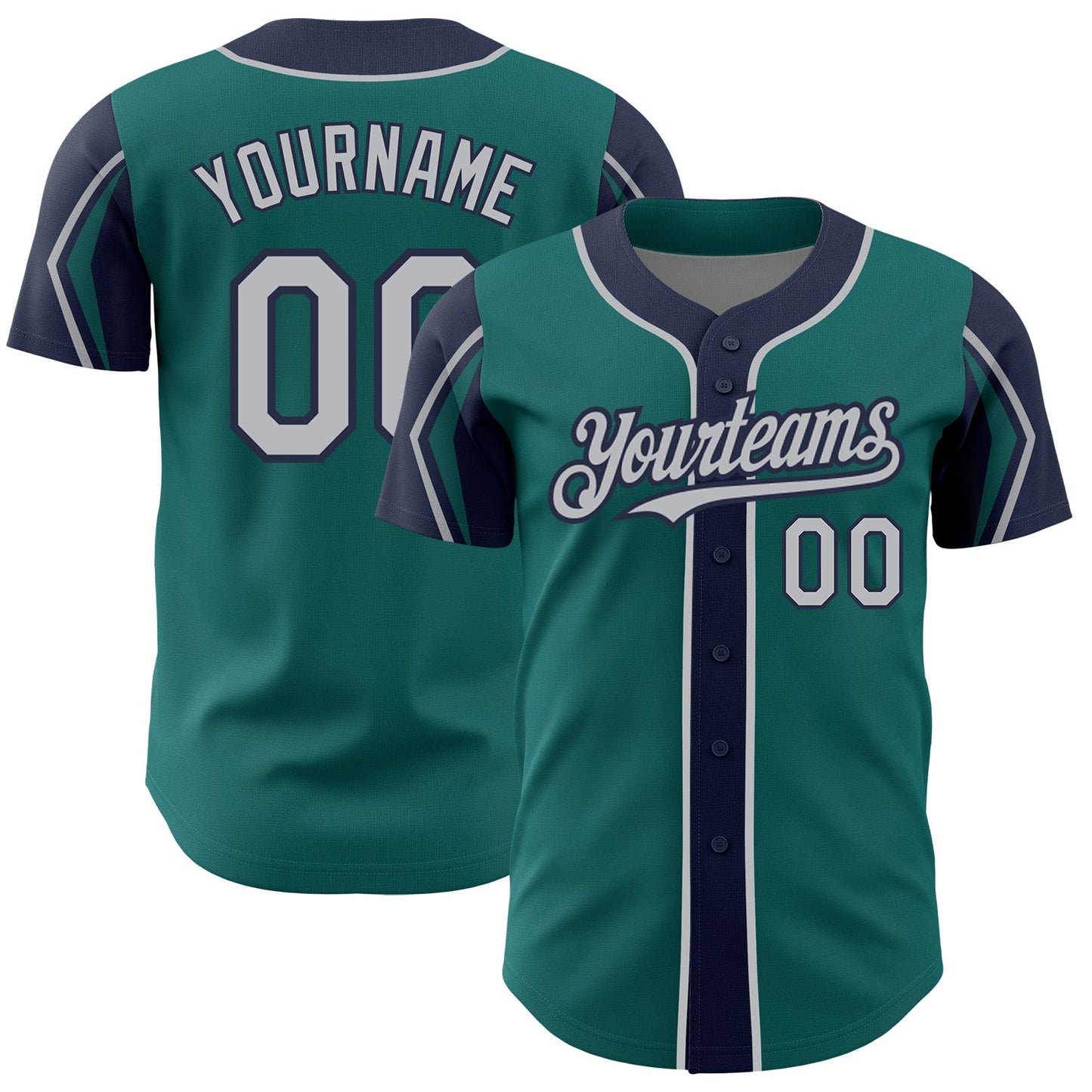 Custom Teal Gray-Navy 3 Colors Arm Shapes Authentic Baseball Jersey - Main View
