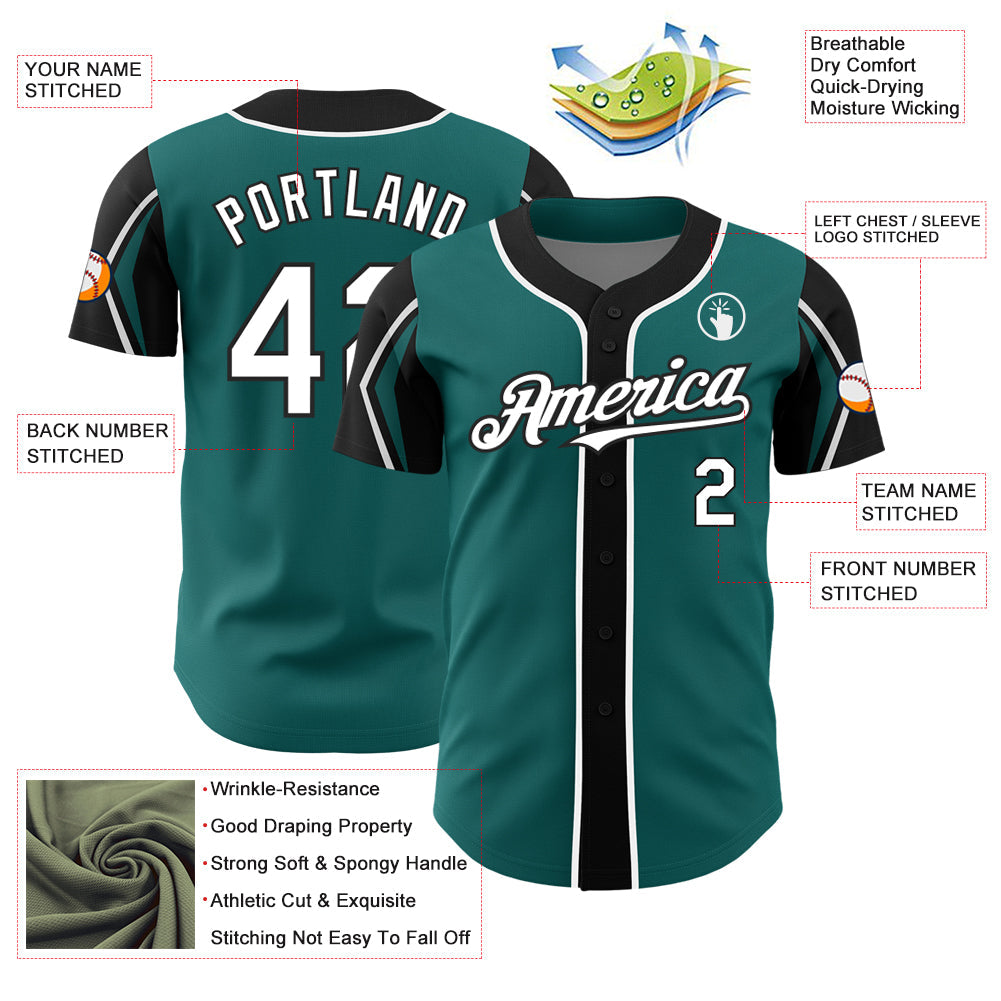 Custom Teal White-Black 3 Colors Arm Shapes Authentic Baseball Jersey view 4