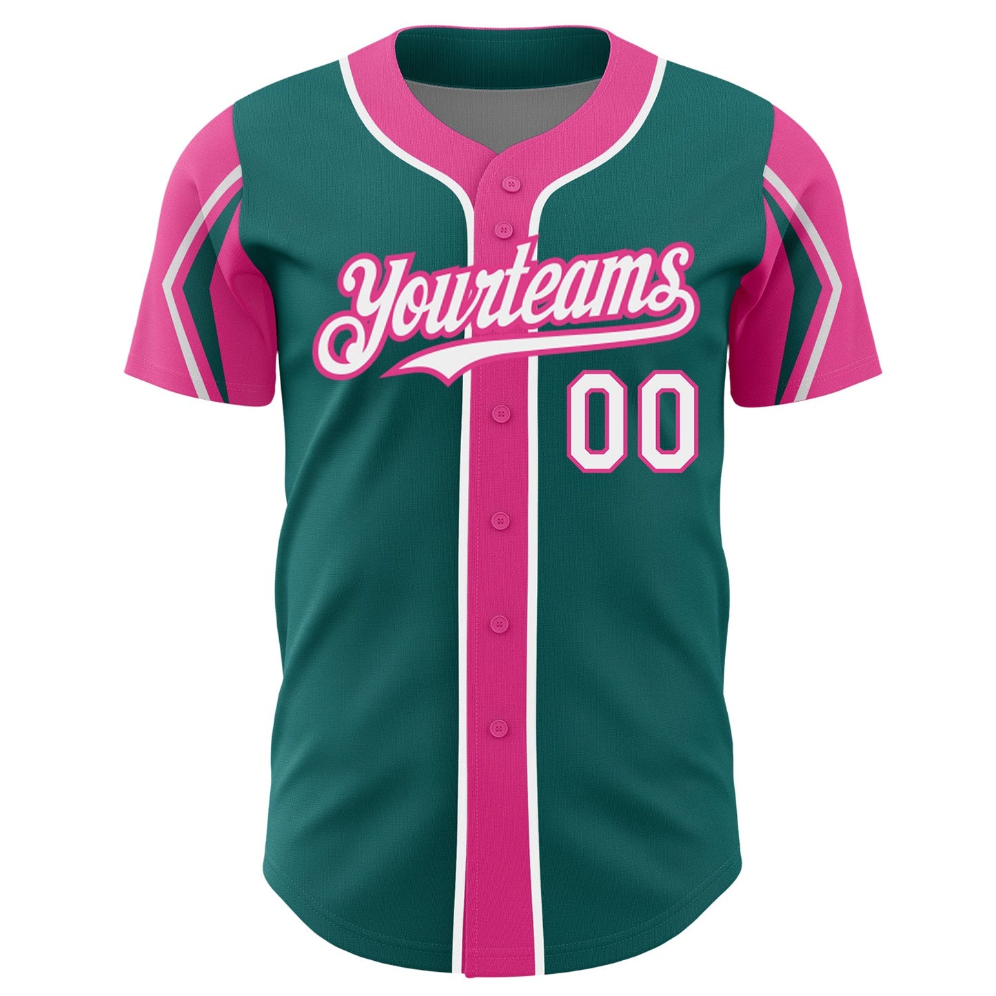 Custom Teal White-Pink 3 Colors Arm Shapes Authentic Baseball Jersey view 3