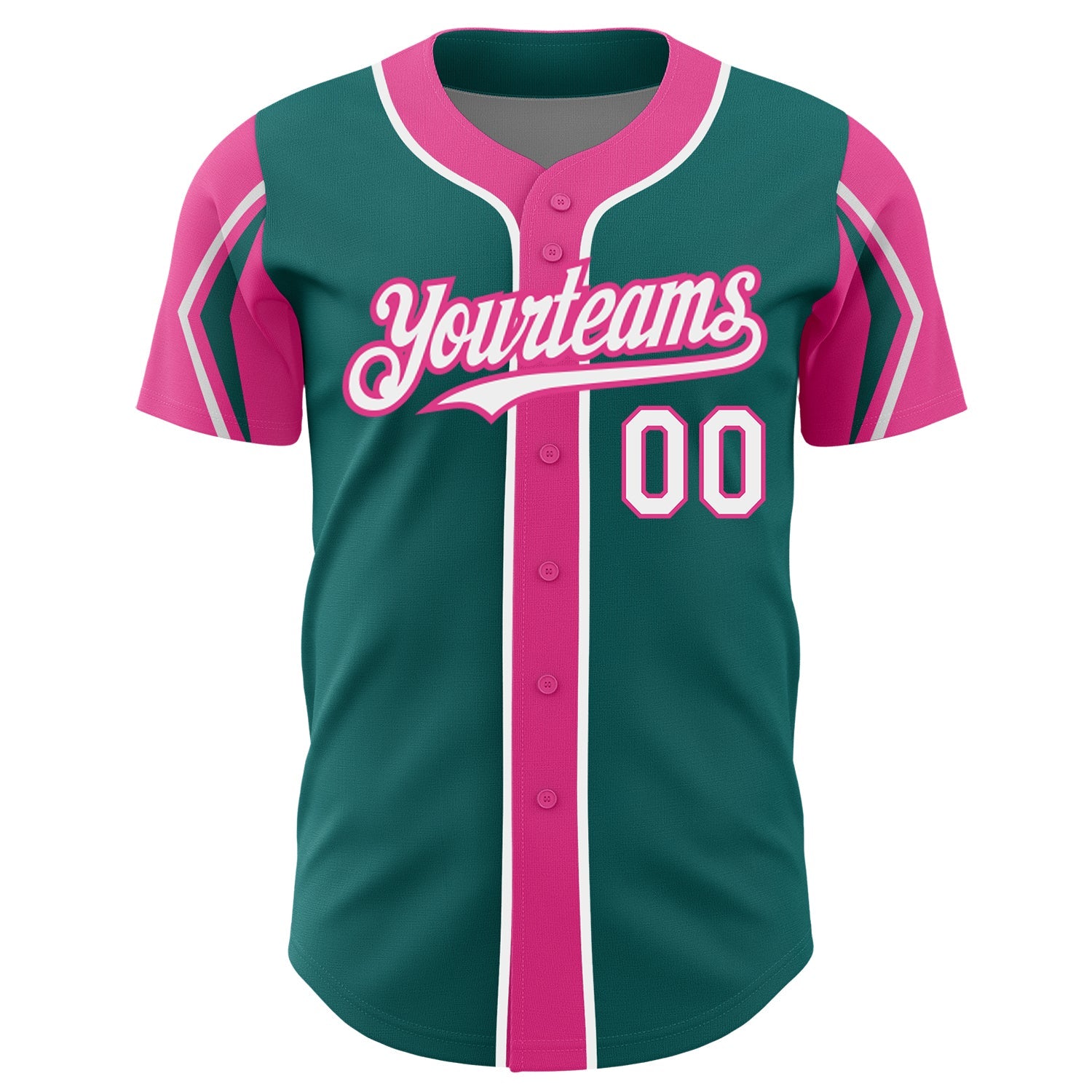 Custom Teal White-Pink 3 Colors Arm Shapes Authentic Baseball Jersey view 3