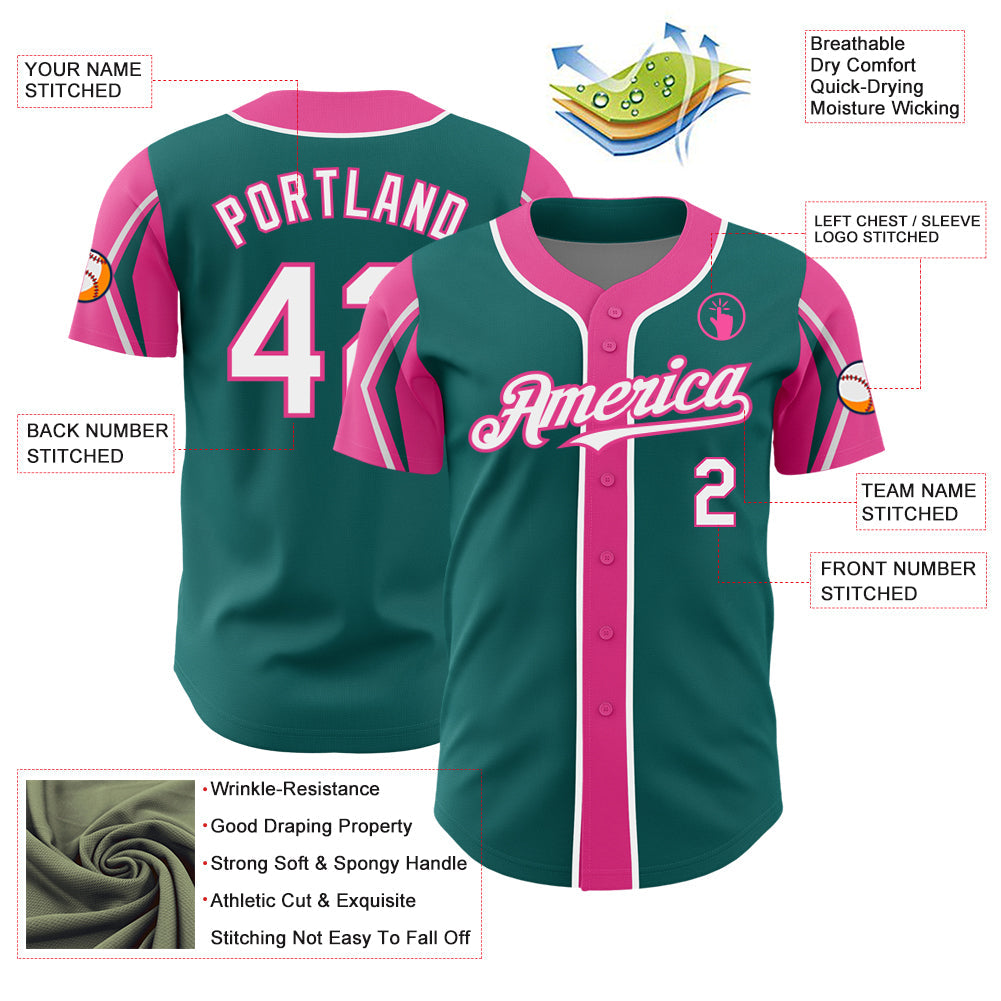 Custom Teal White-Pink 3 Colors Arm Shapes Authentic Baseball Jersey view 4
