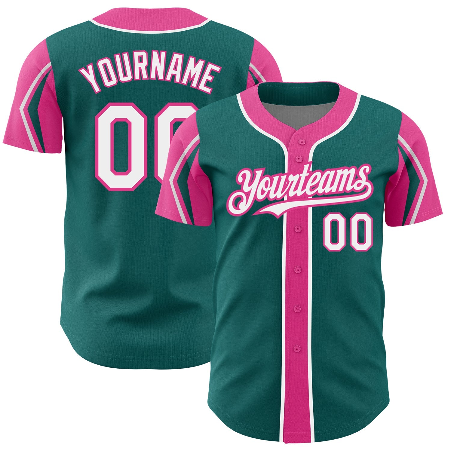 Custom Teal White-Pink 3 Colors Arm Shapes Authentic Baseball Jersey - Main View
