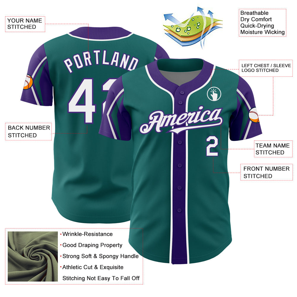 Custom Teal White-Purple 3 Colors Arm Shapes Authentic Baseball Jersey view 4