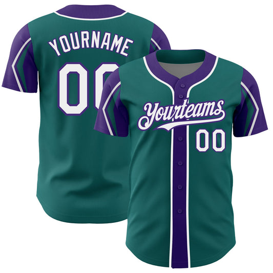 Custom Teal White-Purple 3 Colors Arm Shapes Authentic Baseball Jersey - Main View