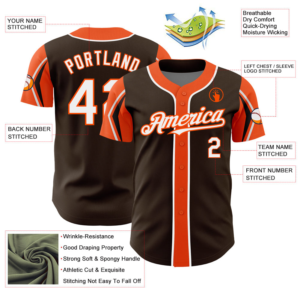 Custom Brown White-Orange 3 Colors Arm Shapes Authentic Baseball Jersey view 4