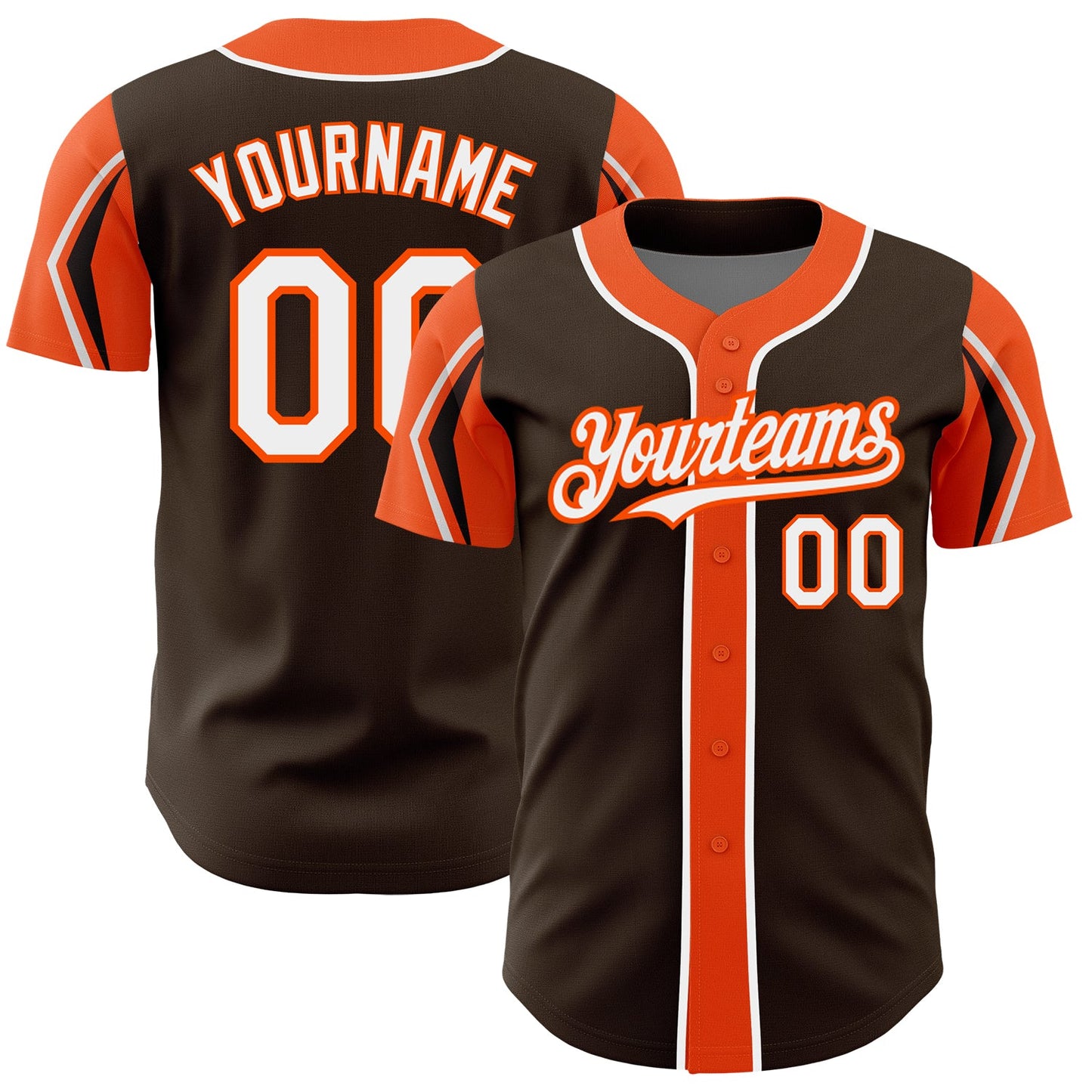 Custom Brown White-Orange 3 Colors Arm Shapes Authentic Baseball Jersey - Main View