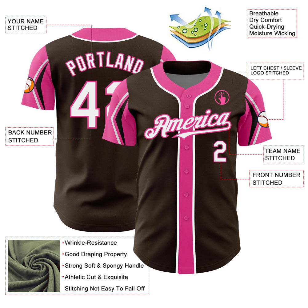 Custom Brown White-Pink 3 Colors Arm Shapes Authentic Baseball Jersey view 4