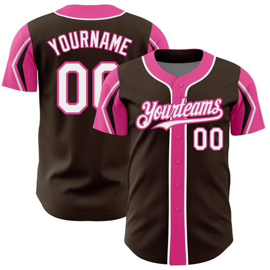 Custom Brown White-Pink 3 Colors Arm Shapes Authentic Baseball Jersey - Main View