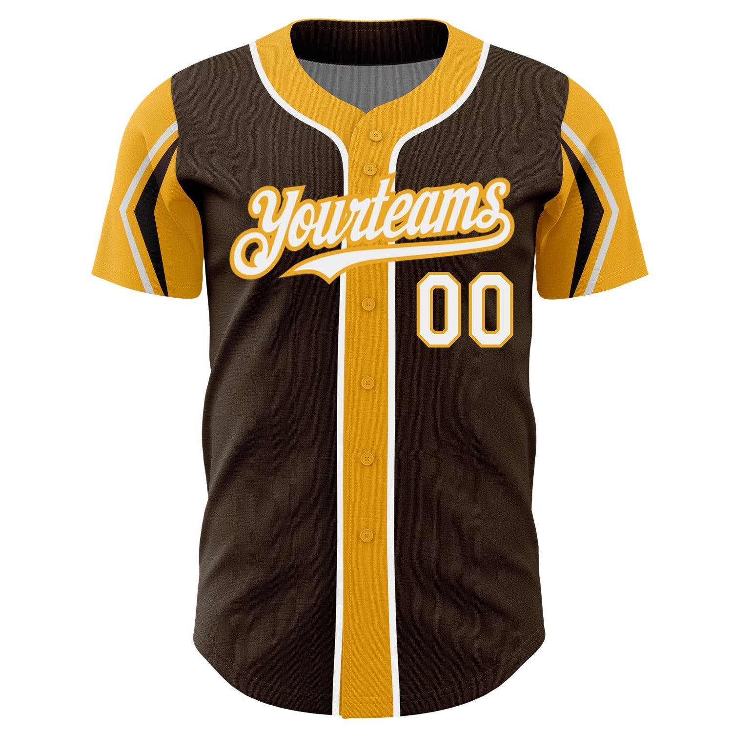Custom Brown White-Gold 3 Colors Arm Shapes Authentic Baseball Jersey view 3