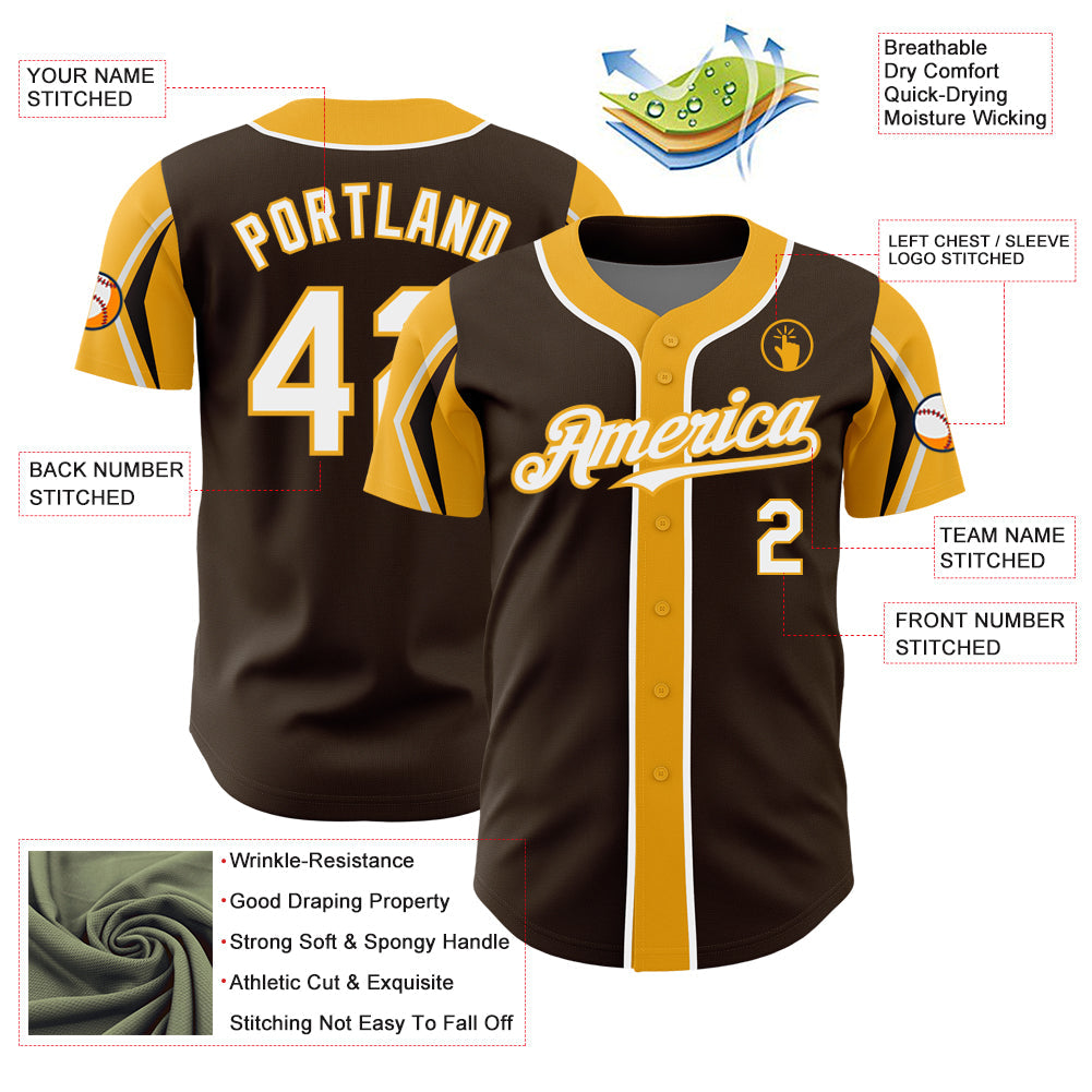 Custom Brown White-Gold 3 Colors Arm Shapes Authentic Baseball Jersey view 4