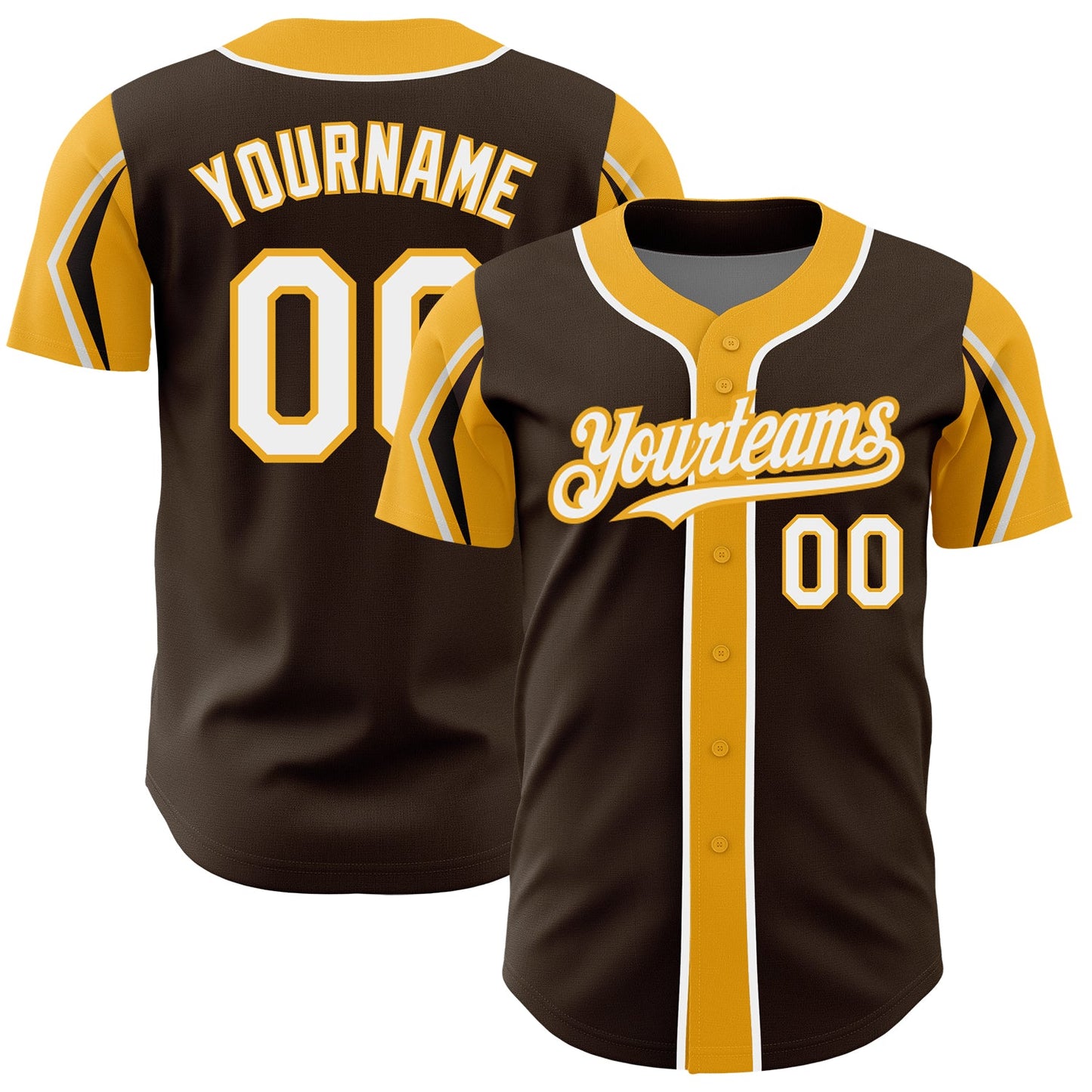 Custom Brown White-Gold 3 Colors Arm Shapes Authentic Baseball Jersey - Main View