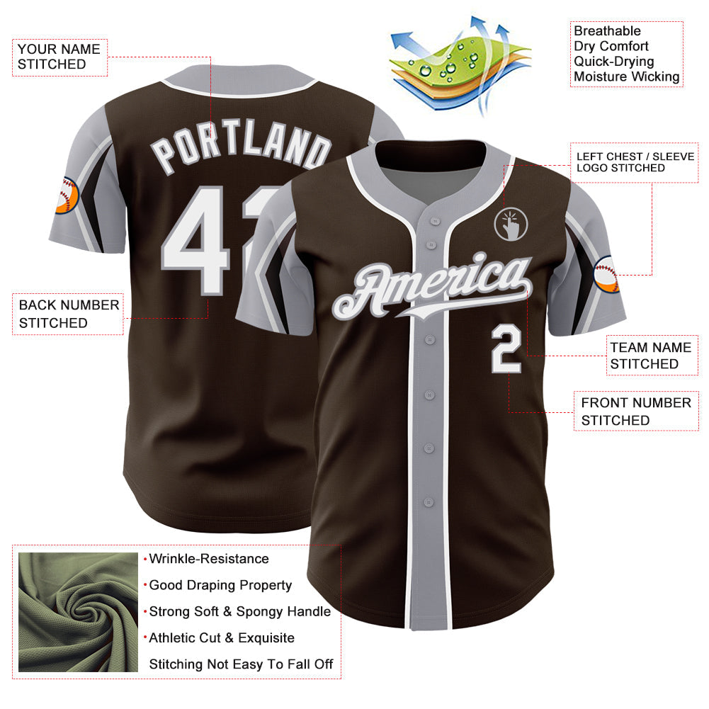 Custom Brown White-Gray 3 Colors Arm Shapes Authentic Baseball Jersey view 4