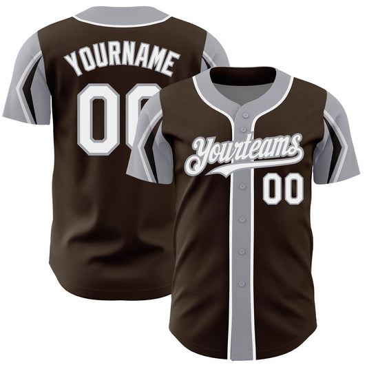 Custom Brown White-Gray 3 Colors Arm Shapes Authentic Baseball Jersey - Main View