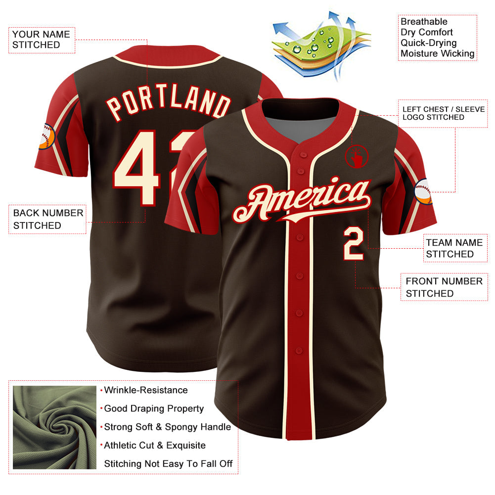 Custom Brown Cream-Red 3 Colors Arm Shapes Authentic Baseball Jersey view 4