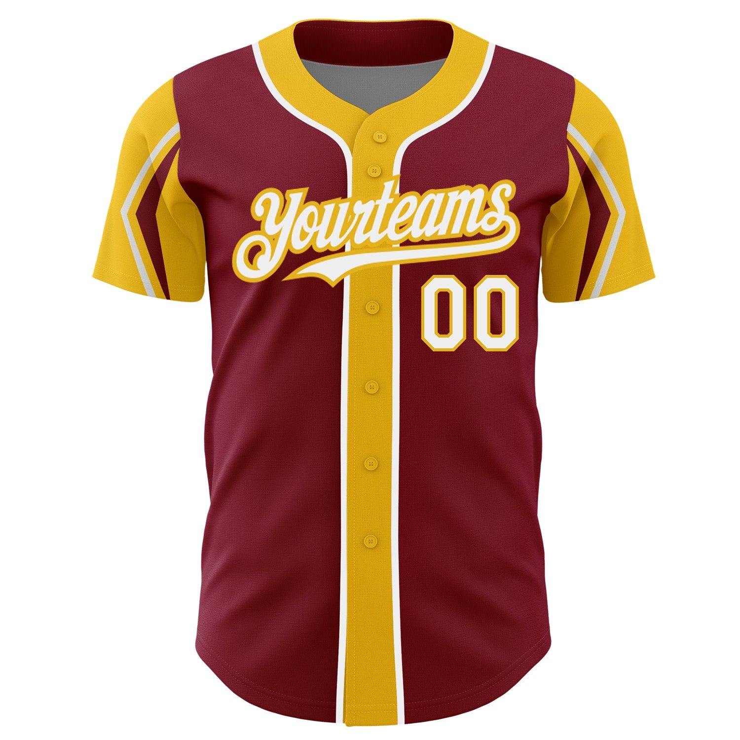Custom Crimson White-Yellow 3 Colors Arm Shapes Authentic Baseball Jersey view 3