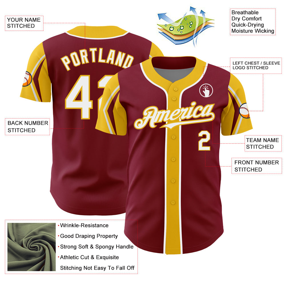 Custom Crimson White-Yellow 3 Colors Arm Shapes Authentic Baseball Jersey view 4
