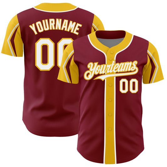 Custom Crimson White-Yellow 3 Colors Arm Shapes Authentic Baseball Jersey - Main View