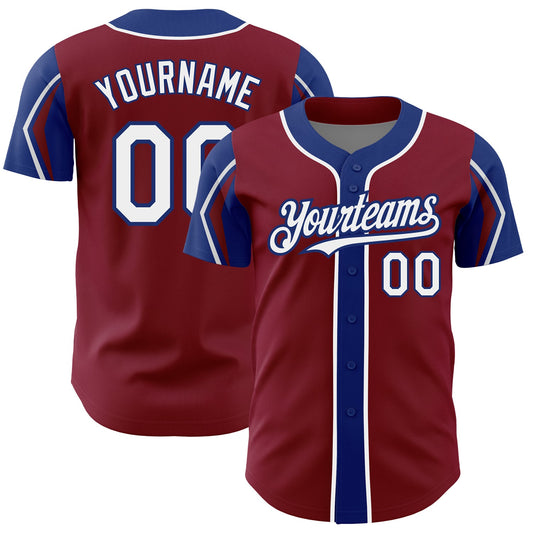Custom Crimson White-Royal 3 Colors Arm Shapes Authentic Baseball Jersey - Main View