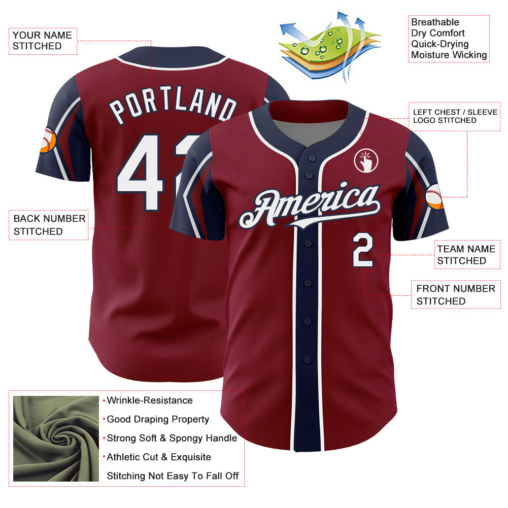 Custom Crimson White-Navy 3 Colors Arm Shapes Authentic Baseball Jersey view 4