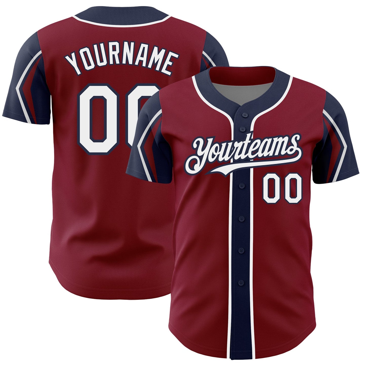 Custom Crimson White-Navy 3 Colors Arm Shapes Authentic Baseball Jersey - Main View