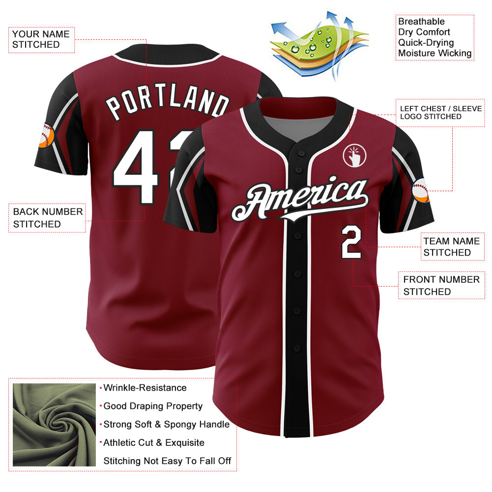 Custom Crimson White-Black 3 Colors Arm Shapes Authentic Baseball Jersey view 4