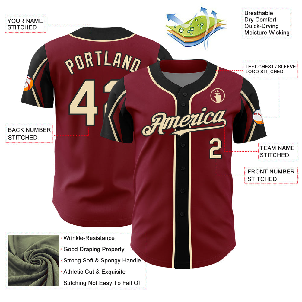 Custom Crimson City Cream-Black 3 Colors Arm Shapes Authentic Baseball Jersey view 4