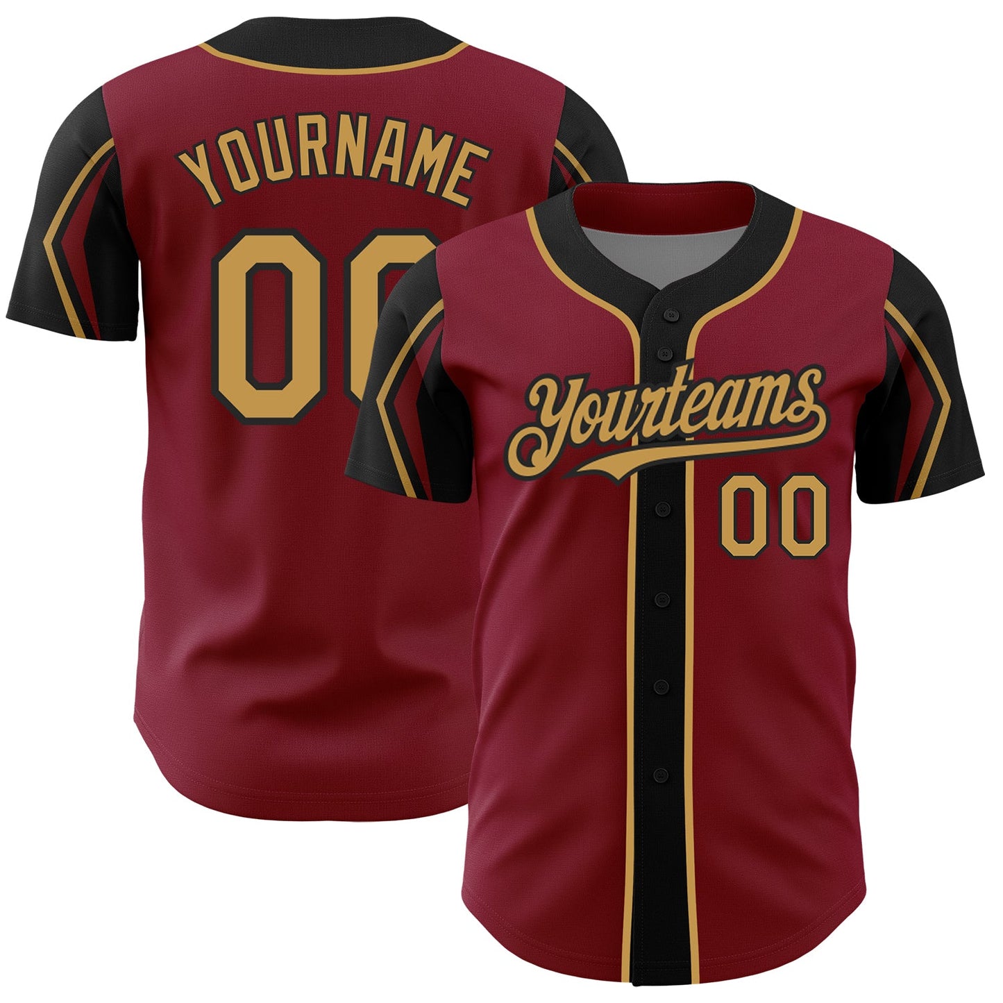 Custom Crimson Old Gold-Black 3 Colors Arm Shapes Authentic Baseball Jersey - Main View