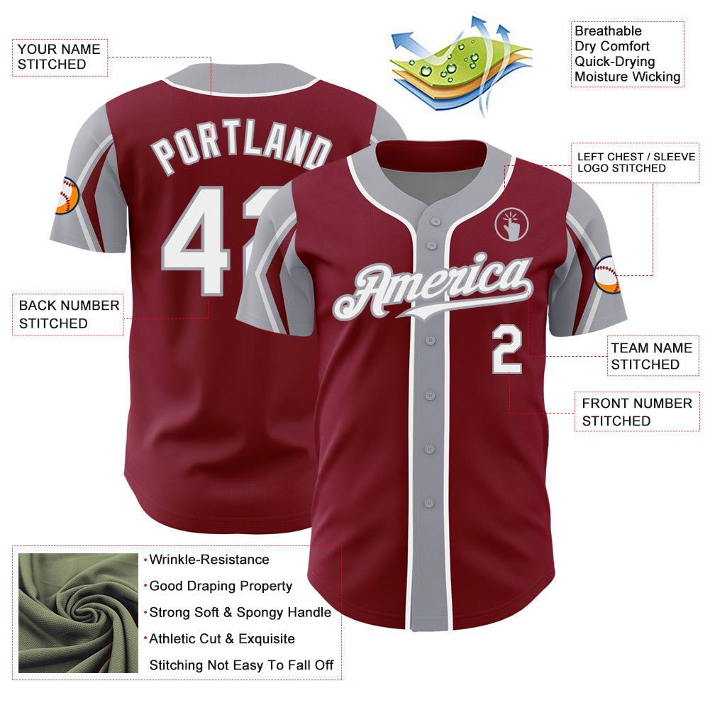 Custom Crimson White-Gray 3 Colors Arm Shapes Authentic Baseball Jersey view 4