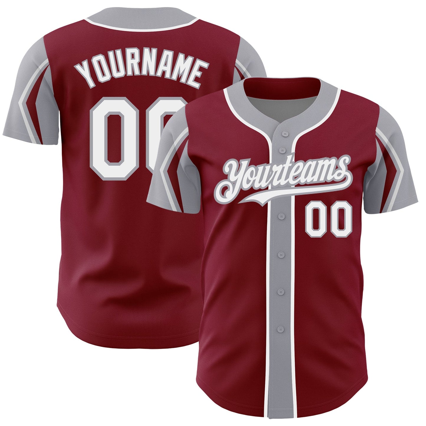 Custom Crimson White-Gray 3 Colors Arm Shapes Authentic Baseball Jersey - Main View
