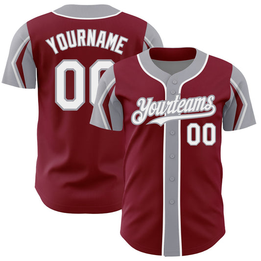Custom Crimson White-Gray 3 Colors Arm Shapes Authentic Baseball Jersey - Main View