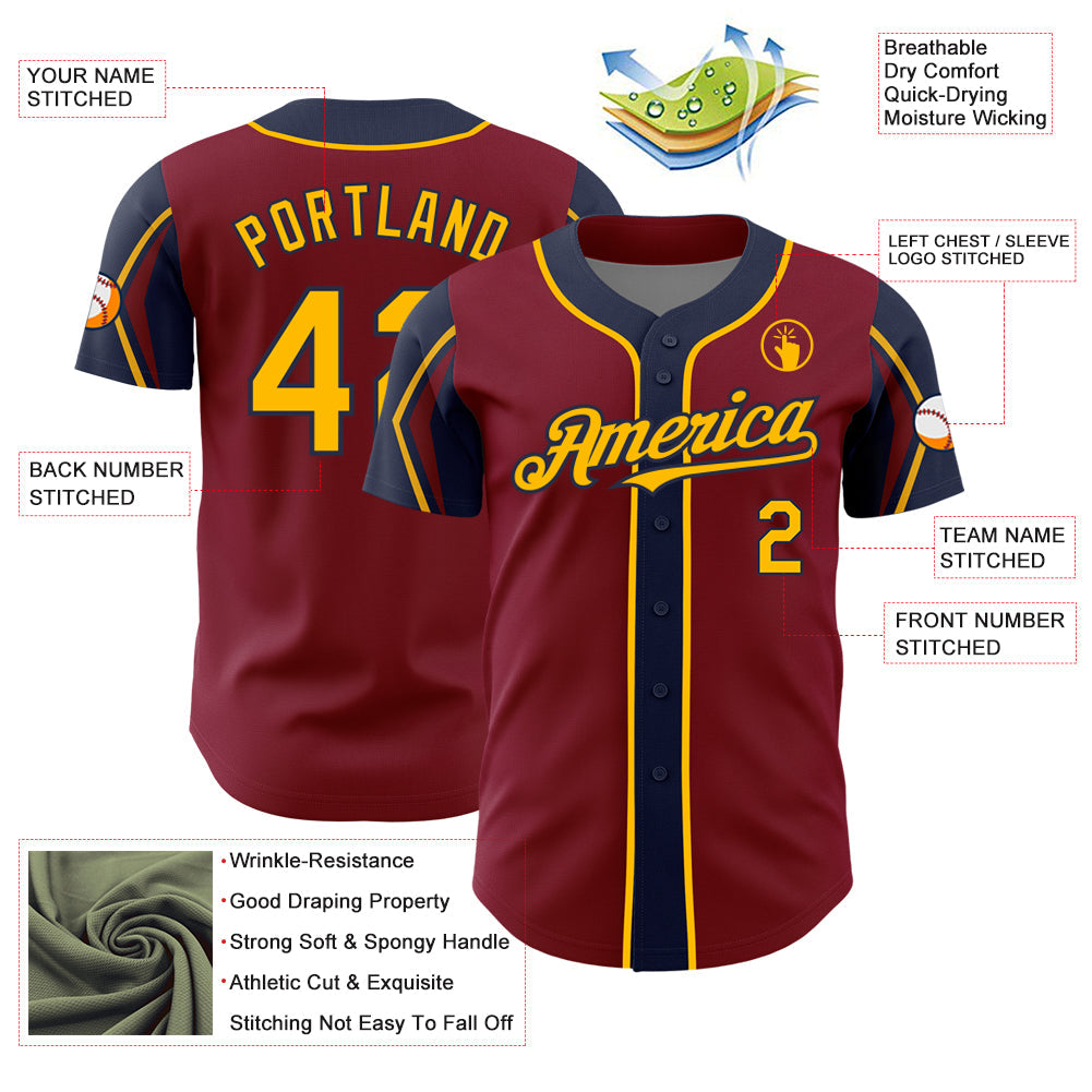 Custom Crimson Gold-Navy 3 Colors Arm Shapes Authentic Baseball Jersey view 4