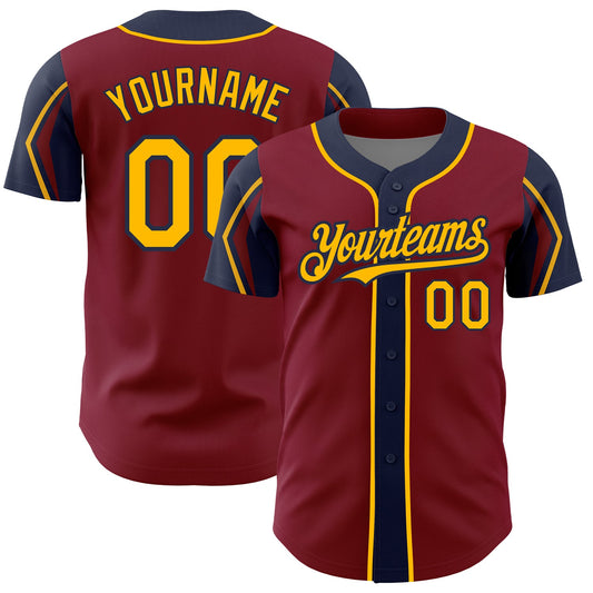 Custom Crimson Gold-Navy 3 Colors Arm Shapes Authentic Baseball Jersey - Main View