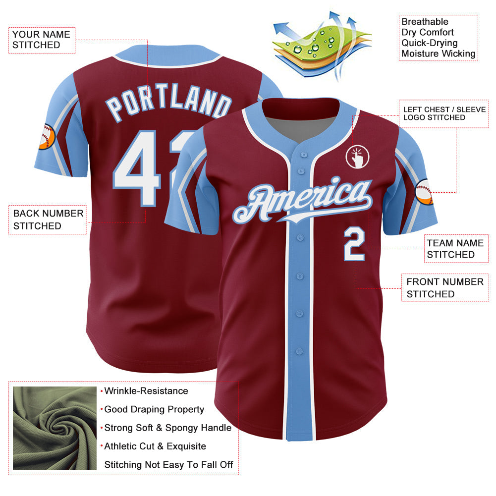 Custom Crimson White-Light Blue 3 Colors Arm Shapes Authentic Baseball Jersey view 4